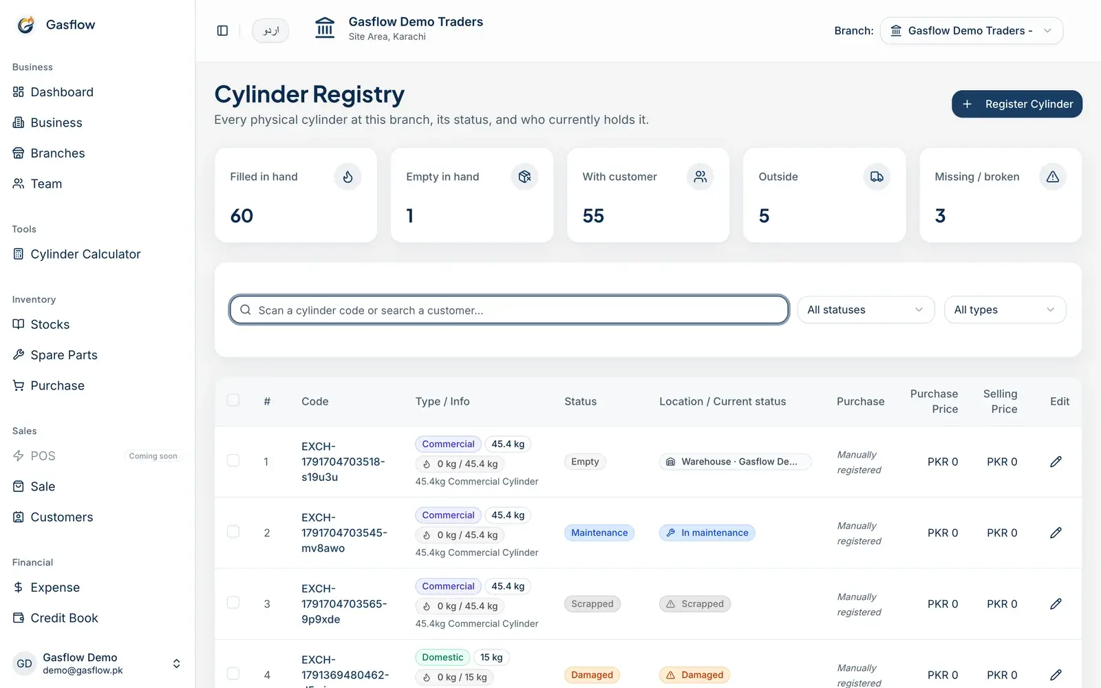 Gasflow cylinder registry